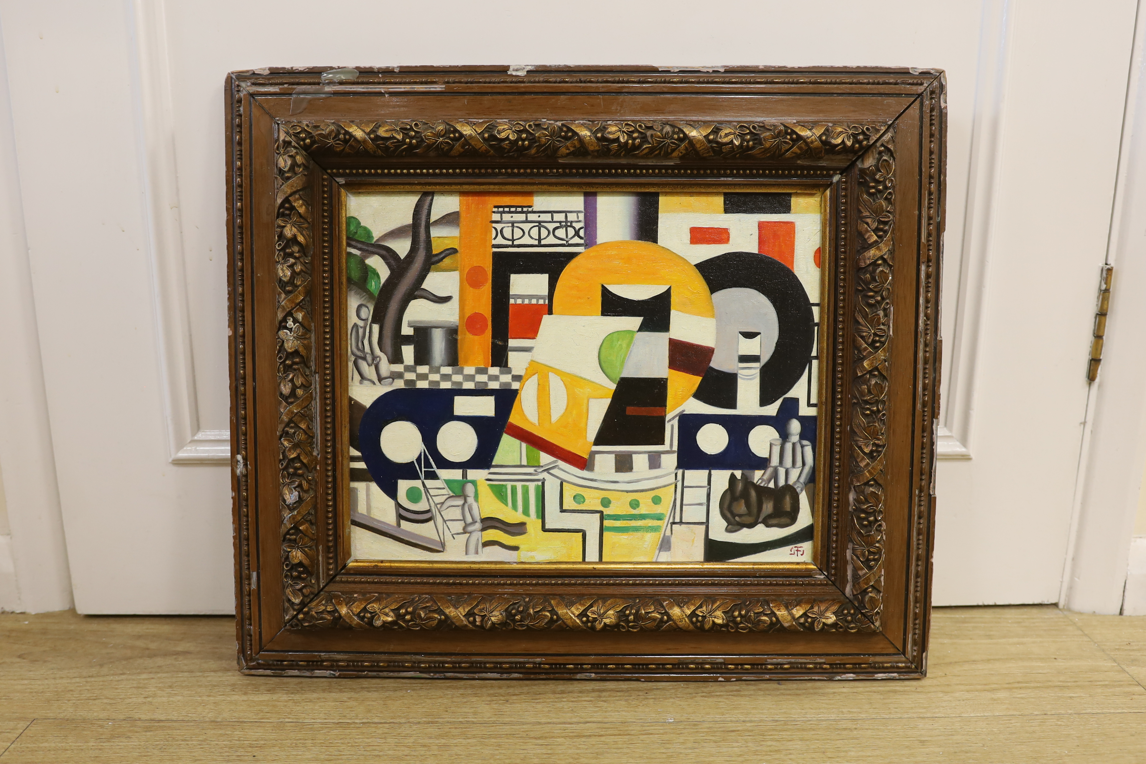 Manner of Fernand Leger (French, 1881-1955) oil on canvas board, Surreal composition, geometric shapes and figures, 29 x 39cm